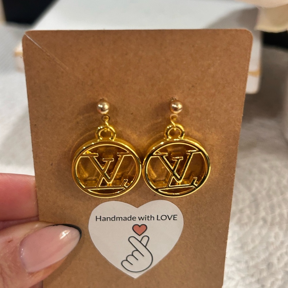 Gold LV Zipper Pull Dangle Earrings - Picture 3 of 4